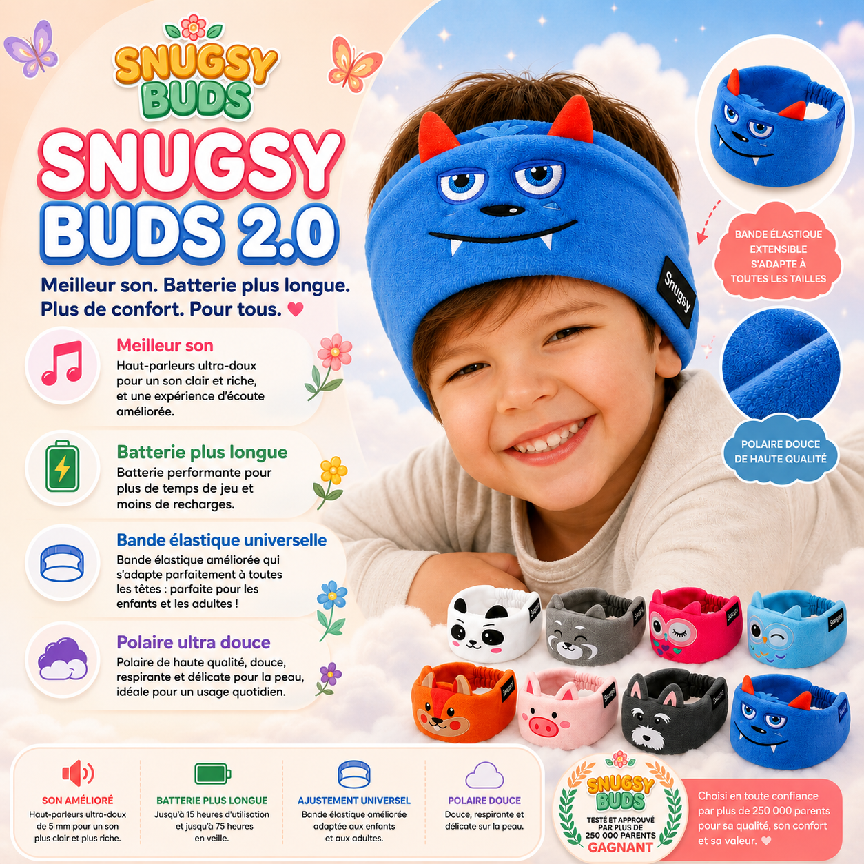 Snugsy Buds™ 2.0 – Casque Audio Bluetooth pour Enfants